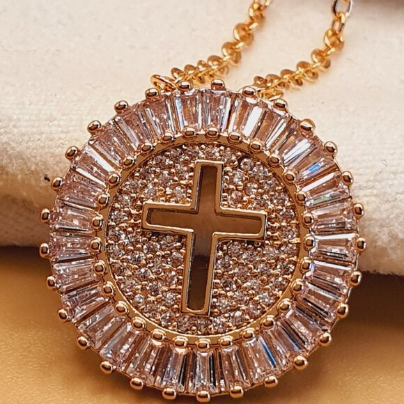 💎 Round Cross Carved CZ Full Filled 14K Gold Plated Dainty Necklace, INDN8639 - Picture 4 of 5